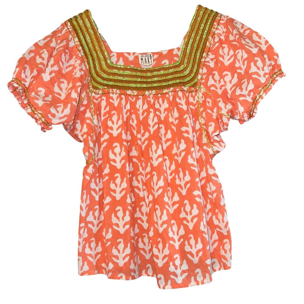 Sister Mary Embroidered Puff Sleeve Top Women's Small Boho Cotton Beach Costal